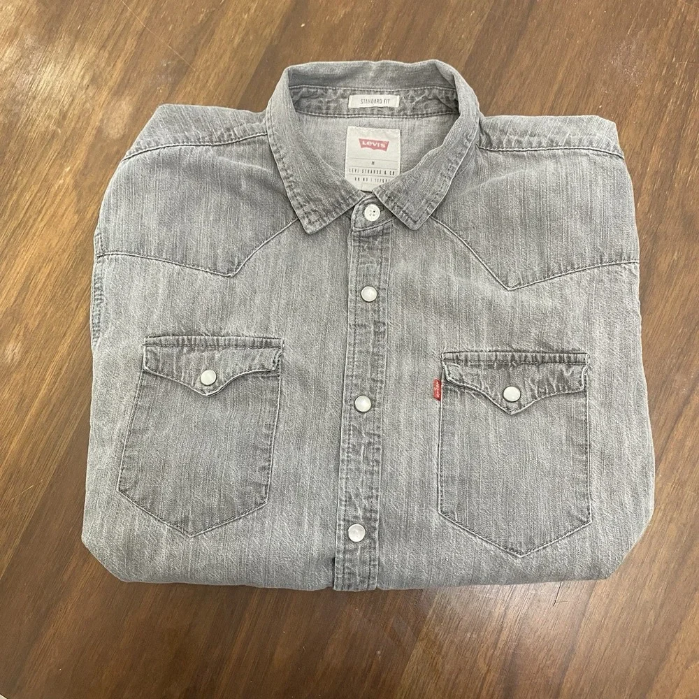 Levis Sawtooth Pearl Snap Shirt Medium Gray Button Up Casual Workwear